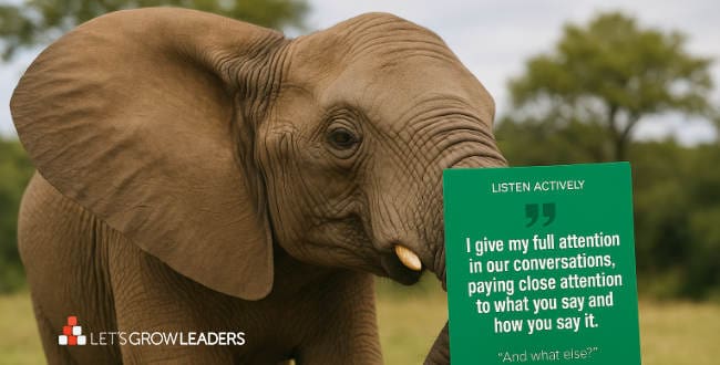 elephant holding an active listening synergystack habit card