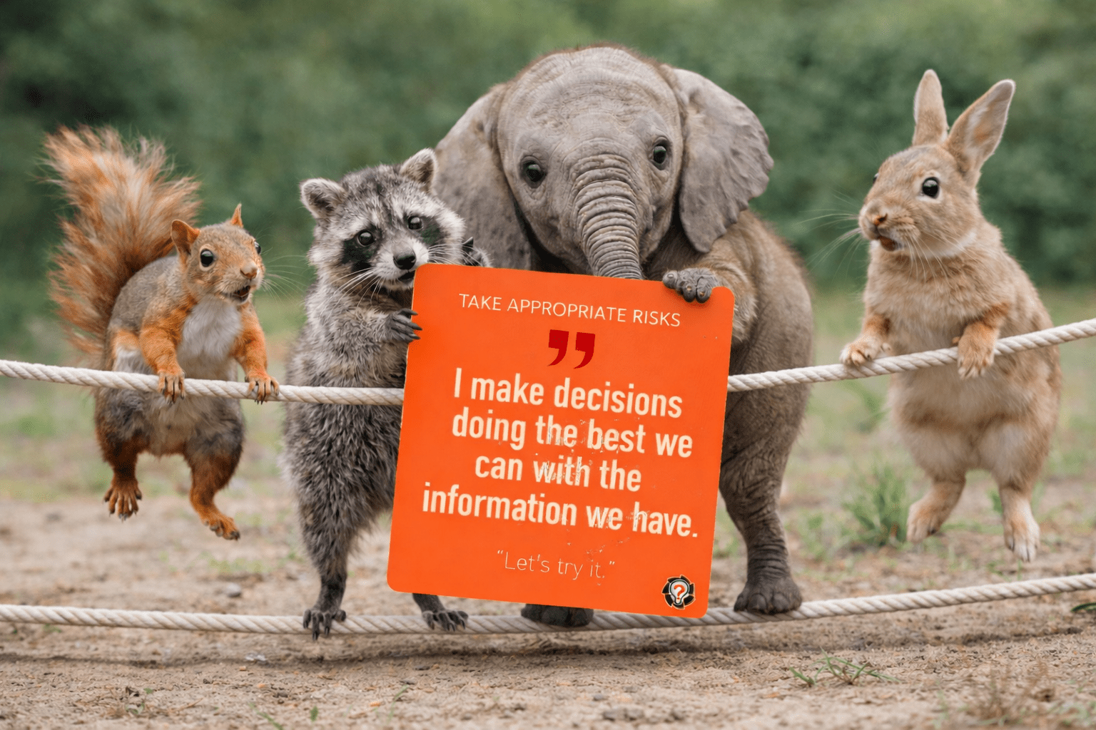 Animals on a tightrope carrying a synergystack card about taking appropriate risks